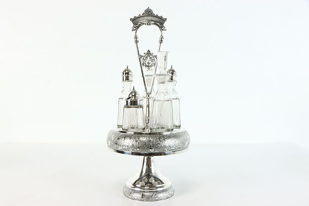 Victorian Antique Silverplate Crystal Cruet, Castor Condiment Set, Aurora #33805 photo