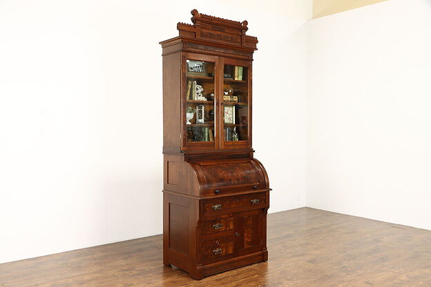 Victorian Eastlake Antique Walnut Cylinder Secretary Desk & Bookcase #34915 photo