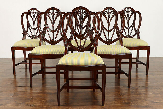 Set of 6 Georgian Vintage Shield Back Dining Chairs, New Upholstery #39071 photo
