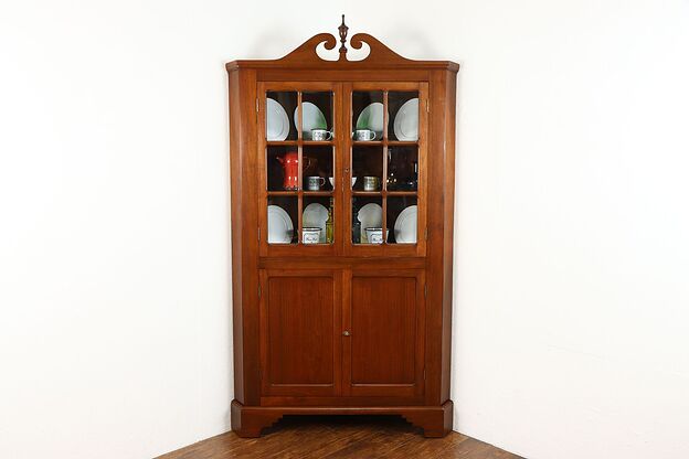 Traditional Vintage Walnut Corner China Cupboard or Display Cabinet #36476 photo