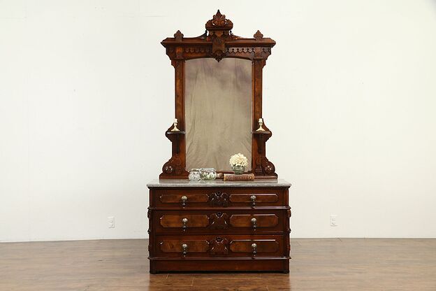 Victorian Antique Walnut Dresser or Chest, Mirror, Marble, Secret Drawer #33046 photo