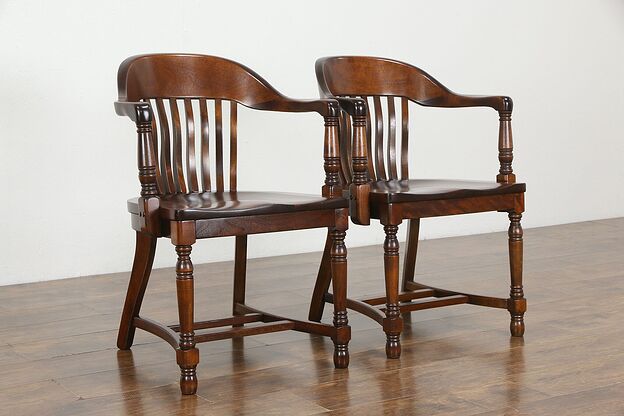 Pair of 1910 Antique Birch Hardwood Office Banker or Desk Chairs #36375 photo