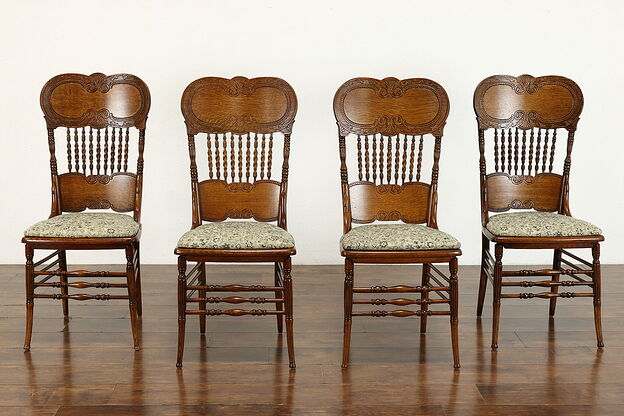 Set of 4 Victorian Antique Carved Oak Pressback Dining Chairs, New Seats #36813 photo