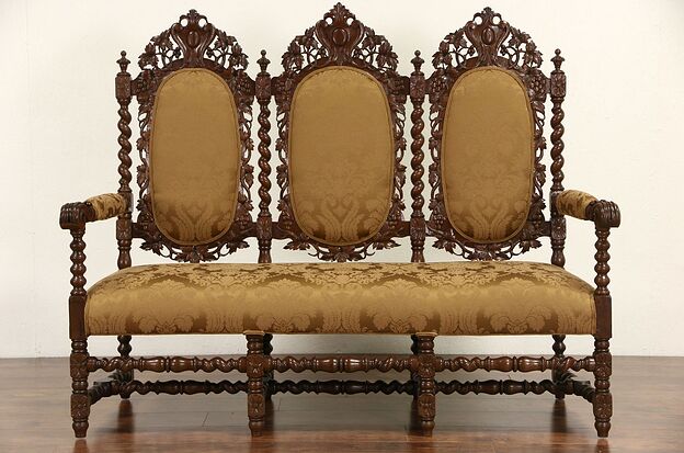 Black Forest Carved Oak 1880's Antique Settee or Hall Bench, New Upholstery photo
