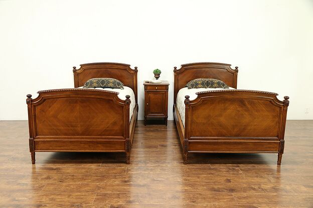 Walnut Antique Louis XVI Style Bedroom Set, 2 Twin Beds, Nightstand #30312 photo