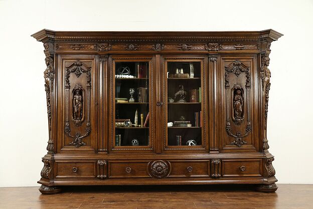 Oak Antique German Monumental 11' 4" Library Bookcase, Carved Figures #31352 photo