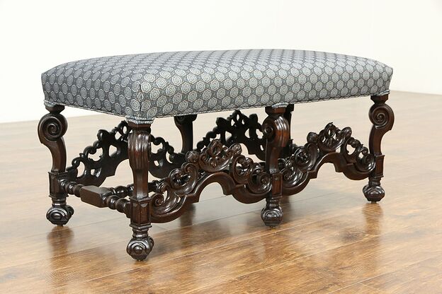 English Tudor Antique Carved Bench, New Upholstery #33375 photo