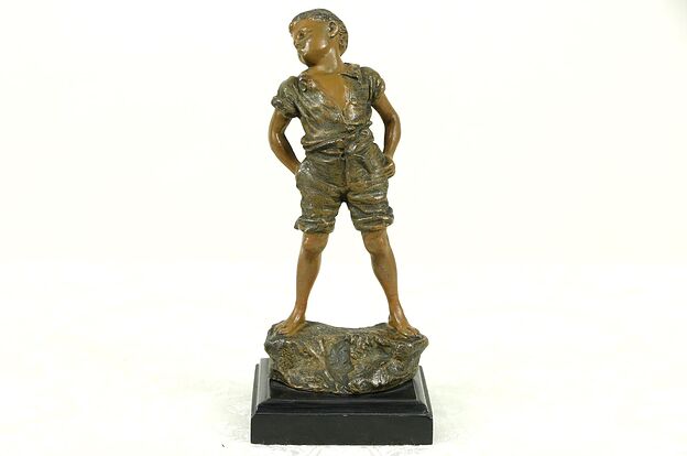 Statue of a Boy, Hand Painted 1900 Antique Sculpture, Signed Carl Kaube photo