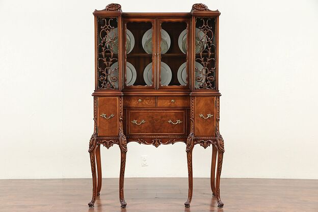 Carved Walnut and Marquetry Vintage China or Curio Display Cabinet #29619 photo