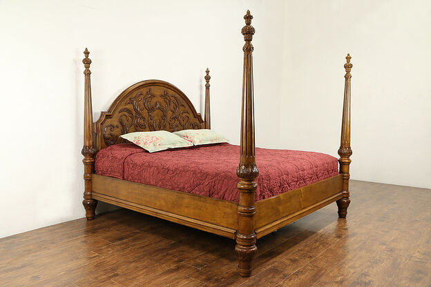 Traditional King Size Carved Fruitwood Four Poster Bed #30902 photo