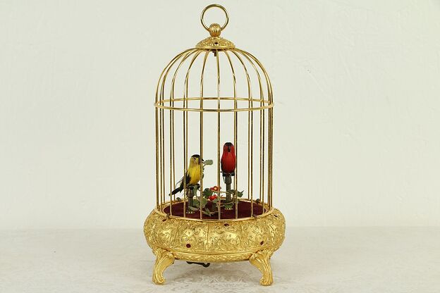 Singing Birds Automaton in Vintage German Jeweled Gold Birdcage #31620 photo