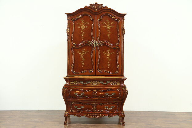 Baroque Carved Cherry Vintage Armoire Chifferobe, Hand Painted Signed Montalbano photo