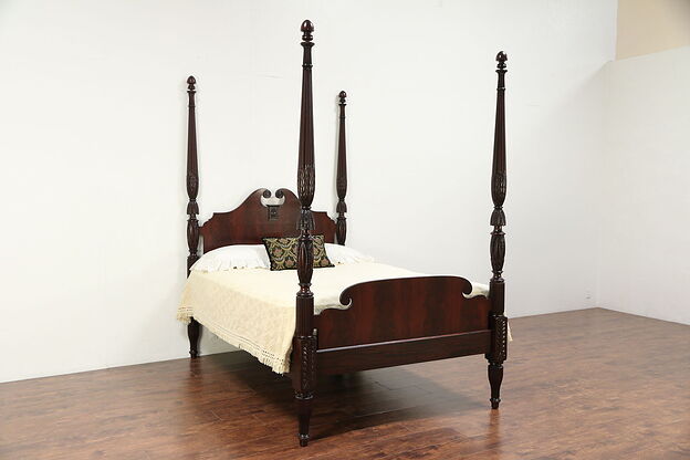 Queen Size Antique Acanthus Carved Mahogany 4 Poster Bed #29588 photo