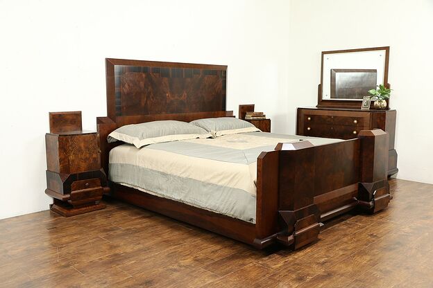Italian Art Deco Rosewood Antique 4 Pc Bedroom Set, King Size Bed #31562 photo