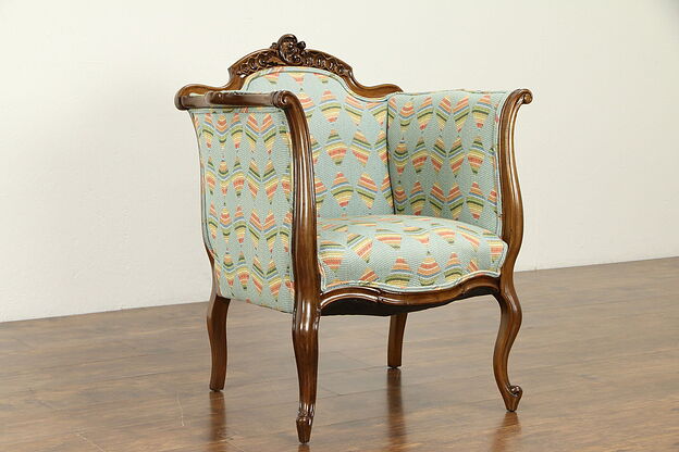 French Carved Fruitwood Vintage Chair, Recent Upholstery #31718 photo