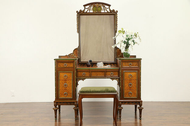 Satinwood & Mahogany Marquetry Vanity or Dressing Table, Mirror & Bench #31325 photo
