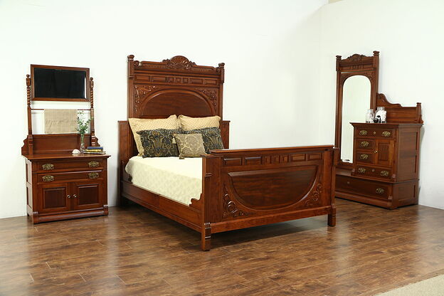 Victorian Antique Cherry & Mahogany 3 Pc. Bedroom Set, Queen Size Bed photo