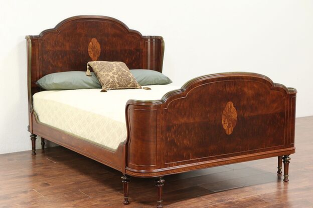 Walnut, Burl & Marquetry Antique Full or Double Size Bed, Signed #29384 photo