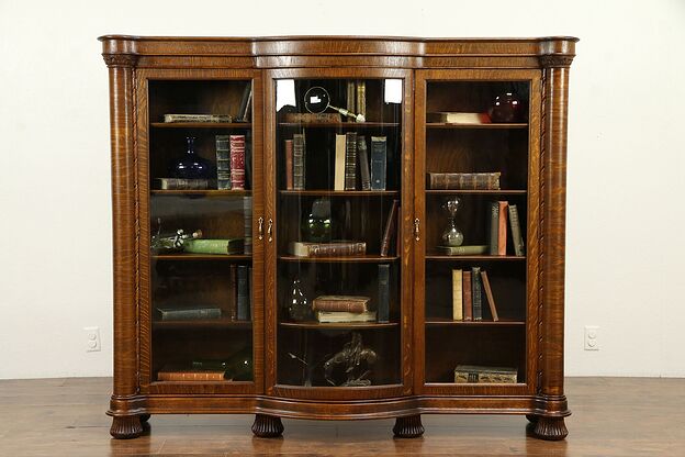 Victorian Antique Triple Oak Library Bookcase, Curved Glass #31724 photo
