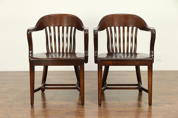 Pair of Quarter Sawn Oak 1910 Antique Banker, Desk or Office Chairs #30432 photo