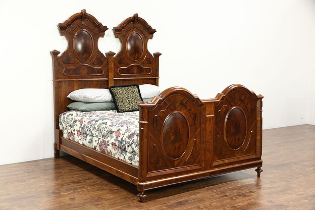 Italian Baroque Antique 1890 Walnut & Burl Queen Size Bed #26439 photo