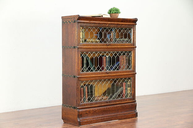 Oak Antique 3 Stack Lawyer Bookcase, Leaded Glass Doors, Macey #29958 photo