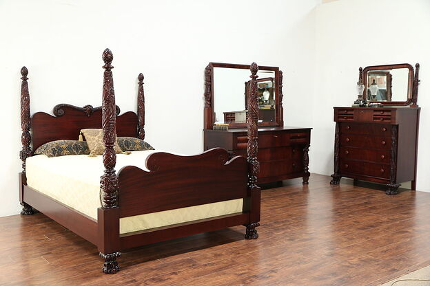 Empire Antique Acanthus Carved Mahogany Queen Size 3 Pc Bedroom Set #29965 photo