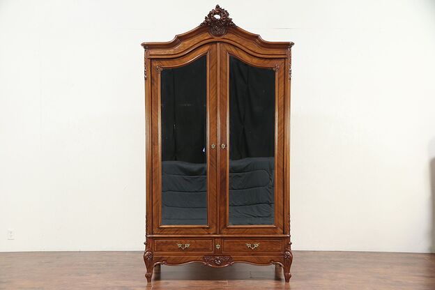 French Antique Mahogany Armoire, Beveled Mirror Doors, Closet Pole #29590 photo