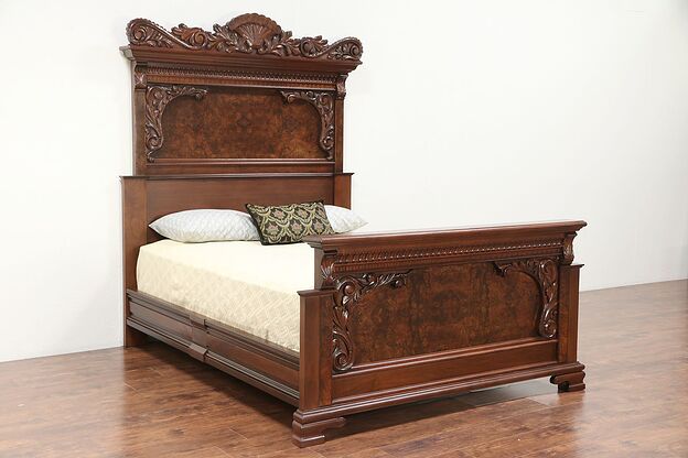 Victorian Antique 1880 Carved Walnut & Burl Queen Size Bed  #29664 photo
