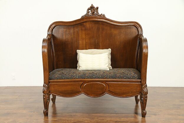 Hall Bench made from French Antique 1890 Carved Oak Bed #31191 photo
