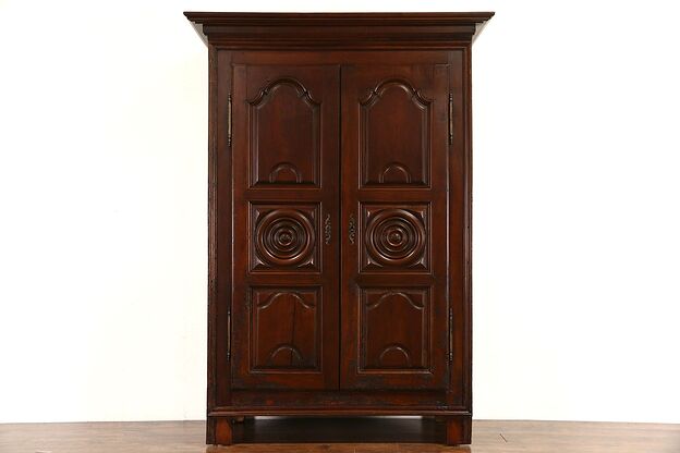 Country French 1750 Antique Carved Walnut Armoire, Wardrobe or Linen Closet photo