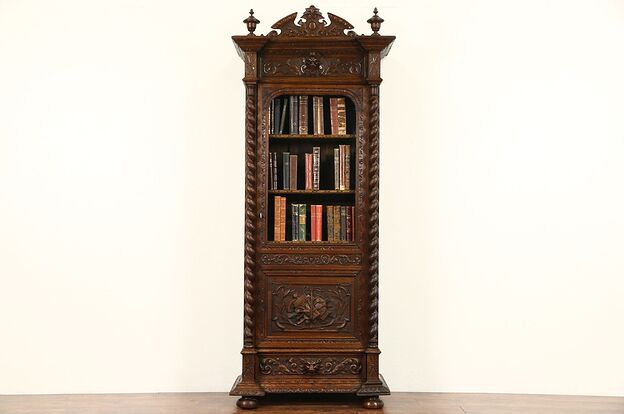 Black Forest 1870 Antique Oak Bookcase, Carved Spiral Columns & Gargoyles photo