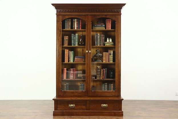 Victorian Eastlake Antique Carved Library Bookcase, Glass Doors #28852 photo