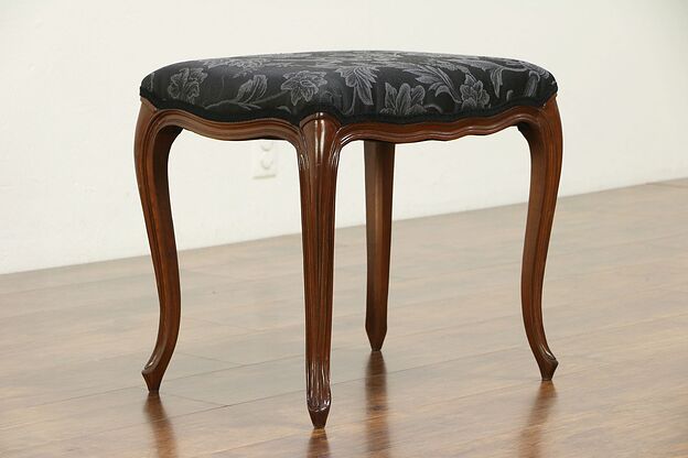 Carved French Style Vintage Fruitwood Bench or Stool, Newly Upholstered #30246 photo