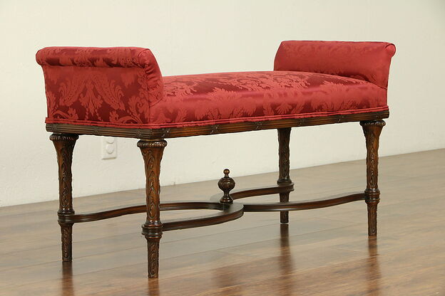 Bench with Arms, Antique Carved Walnut, New Upholstery #30550 photo
