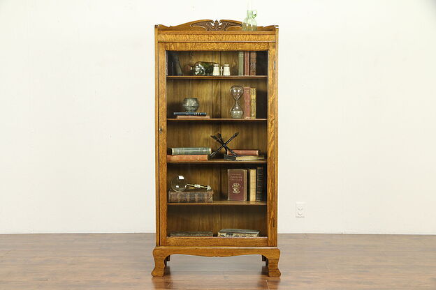 Oak Antique Bookcase, Bath or Display Cabinet, Wavy Glass Door #31877 photo