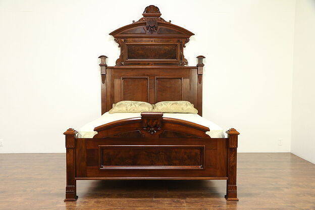 Victorian Renaissance Antique Carved Walnut & Burl Queen Size Bed  #30403 photo