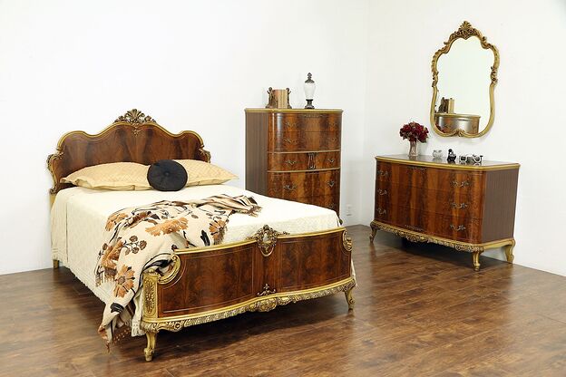 French Style Vintage 4Pc Carved Painted Bedroom Set, Full Size Bed #30871 photo