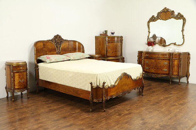 Satinwood & Rosewood Marquetry Queen Size 6 Pc Bedroom Set, Rockford #31829 photo