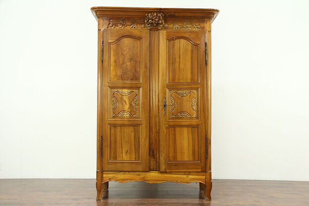 French Antique 1780 Fruitwood Armoire Wardrobe, Hand Carved Fruit & Bird Motifs photo
