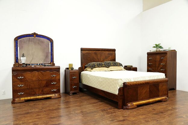 Art Deco Waterfall Vintage Queen Size 5 Pc Bedroom Set, Blue Mirrors #30041 photo