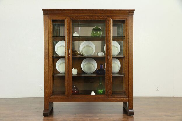 Oak Quarter Sawn Antique China Display Cabinet or Bookcase, Wavy Glass #30157 photo