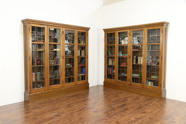 Pair of Oak 1900 Antique 7' Wide Library Bookcases, Leaded Glass #30259 photo