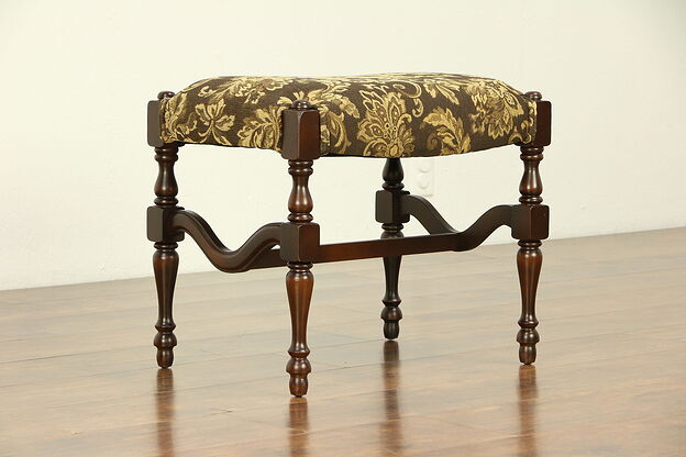 English Tudor 1920's Vintage Stool or Bench, New Upholstery  #30546 photo