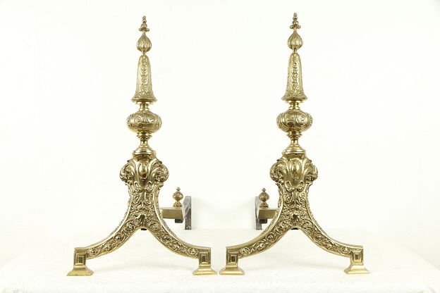 Pair of Brass Antique Fireplace Hearth Andirons, Iron Log Rests #30833 photo
