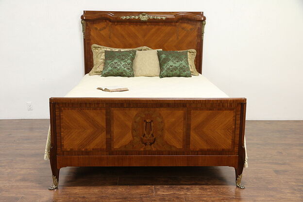 French Antique Queen Size Bed, Marquetry, Banding, Bronze Mounts #30187 photo