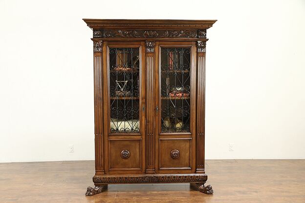 Italian Carved Walnut Antique 1900 Bookcase, Iron Grill & Glass Doors #30731 photo