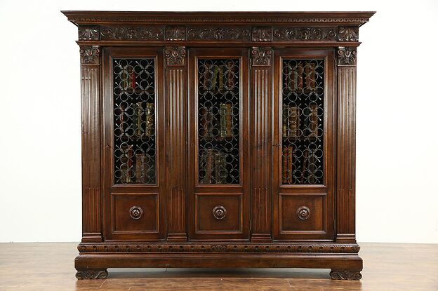 Renaissance Italian Antique 1890 Bookcase, Iron Grill Doors, Carved Lions #26499 photo