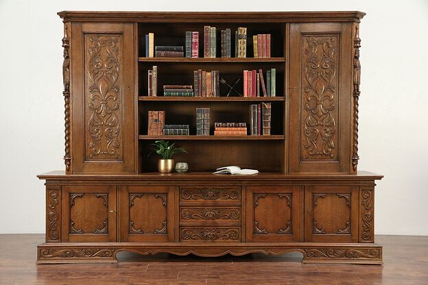 Oak Antique Library or Office 8' 10" Bookcase Carved Knights Scandinavia  #29330 photo