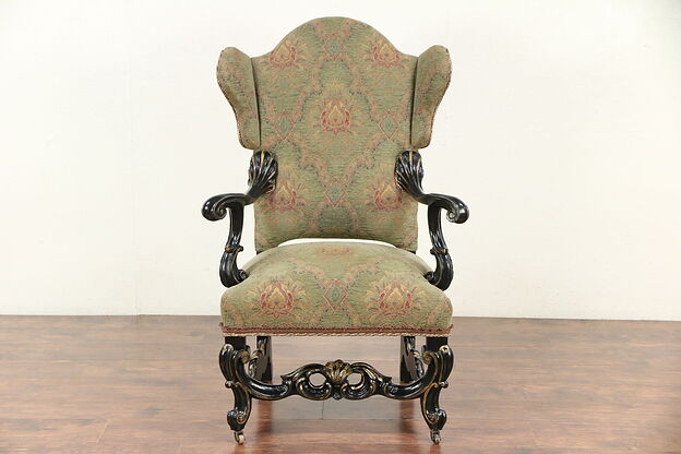 Carved Oak Antique French Wing Chair, Recent Tapestry Upholstery #29628 photo